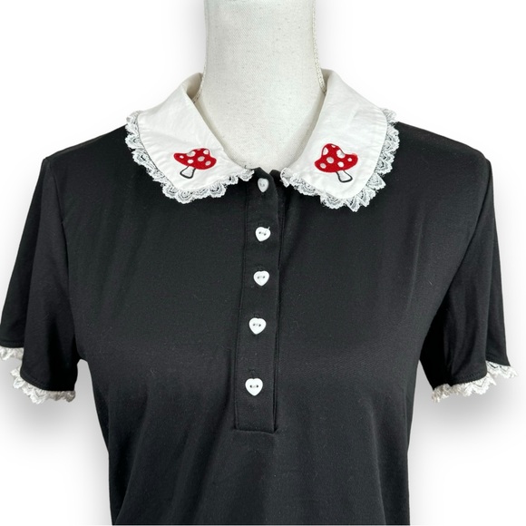 Hot Topic Black Whimsy Goth Peter Pan Collar Shirt Mushroom Fairycore Lace Polo - Picture 5 of 9